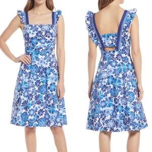 Tahari ASL Blue white floral peek a boo back dress size 8